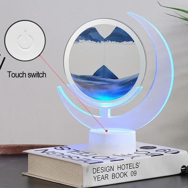 3D Sandscape Moving Sand Art Picture Table Lamp with 7 Colors Quicksand Liquid Hourglass Flowing Sand Painting Home Decor Gifts