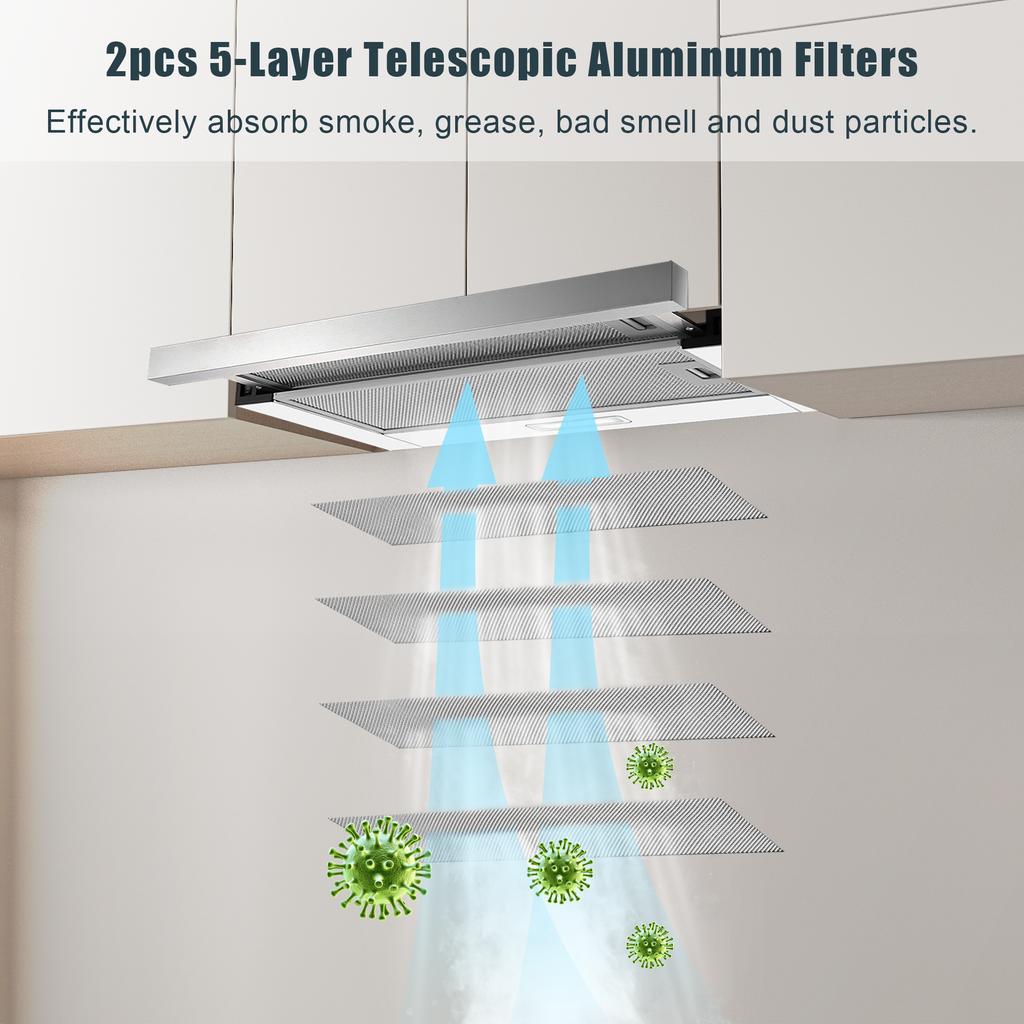 KICHPOWER 60cm Range Hood, Built-in Extractor with Recirculation/Ducted Modes, 12 M³/min, Carbon Filter, LED Lighting