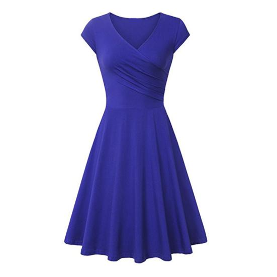 Fashion Women Solid Color V Neck Short Sleeve Plated Swing Party Banquet Dress