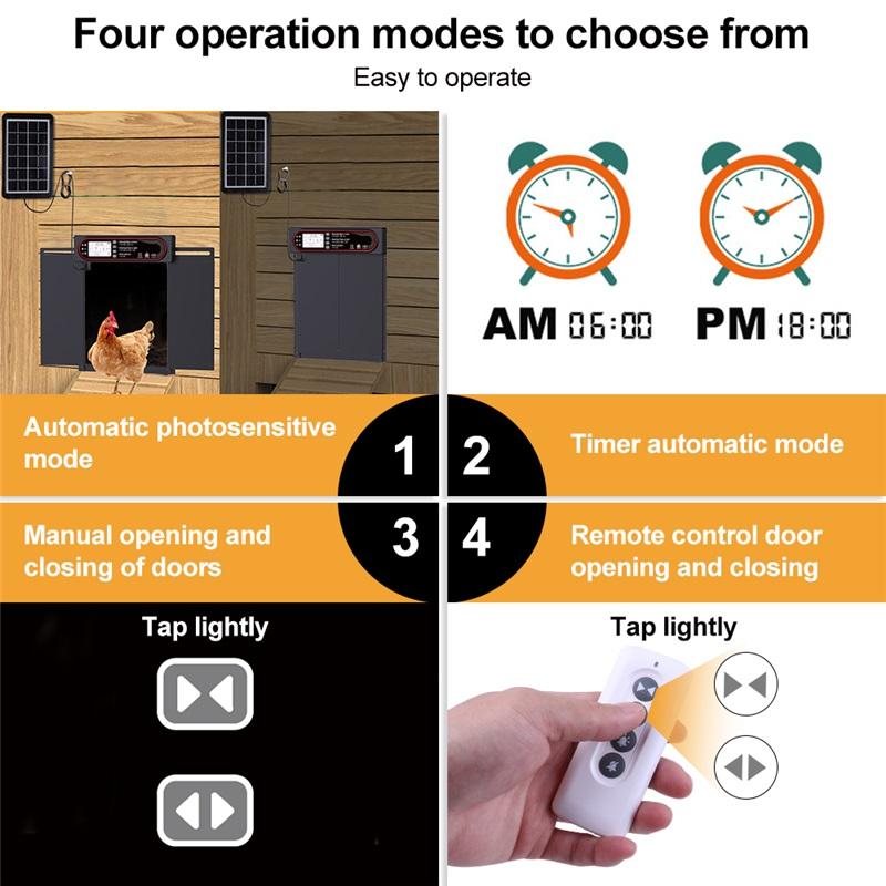 Automatic chicken coop door, hand-protection function, large-sized LCD display, timing mode and light sensor, solar-powered automatic operation
