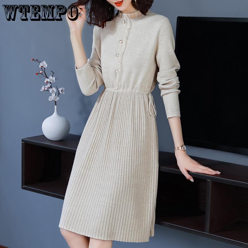 Knitted Dress for Women's Winter Casual Half Turtleneck Sweater Slim Solid Color Mid-length Sweater Dress