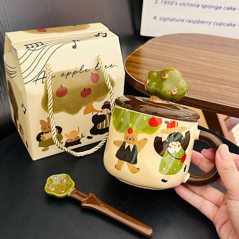 Cute Cartoon Apple Tree Mug With Lid Spoon Creative Easter Gift Water Cup Household Ceramic Cup Souvenir