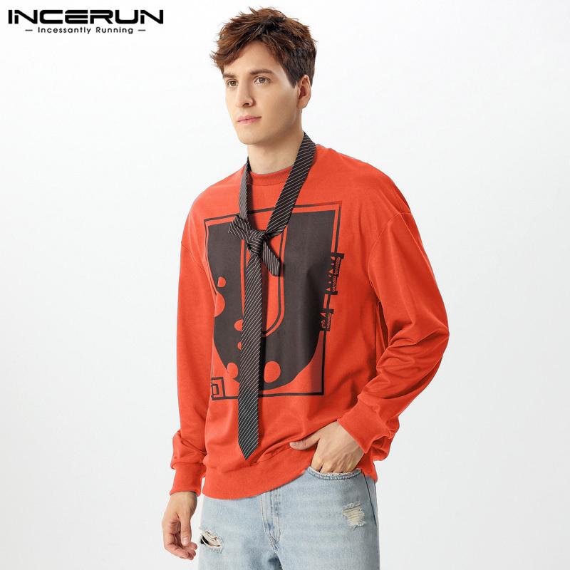 INCERUN Oversized Men O Neck Long Sleeve Letter Print Loose Casual Tops