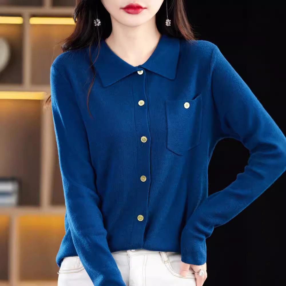 

Рубашка поло с длинным рукавом, женский свитер, осенний прямой трикотажный топ с лацканами XXL синий