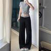 Women's Black Sports Sweatpants - Loose, Straight, Wide-Leg, Floor-Length, Slimming Drape, Spring Casual Wear