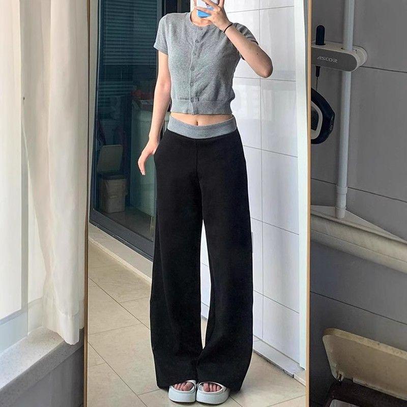 Women's Black Sports Sweatpants - Loose, Straight, Wide-Leg, Floor-Length, Slimming Drape, Spring Casual Wear