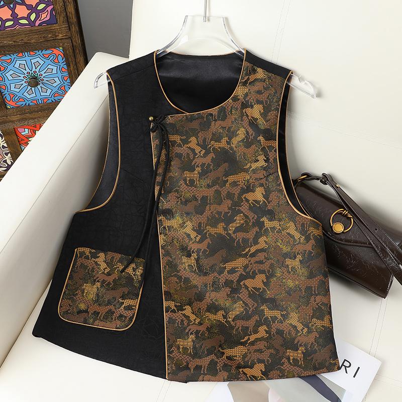 

Spring & Autumn Women s Jacquard Patchwork Vest with Diagonal Lapels and Pockets - Ten Thousand Galloping Horses Style XL (Recommended for 60-67.5 kg) жовтий