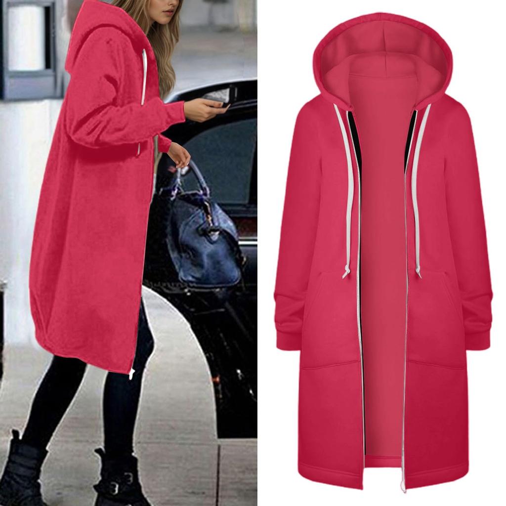 Women's Fashionable Solid Color Long Sleeved Pocket Long Hoodies Zipper Casual Coat Fall Jackets Sweatshirts Clothes
