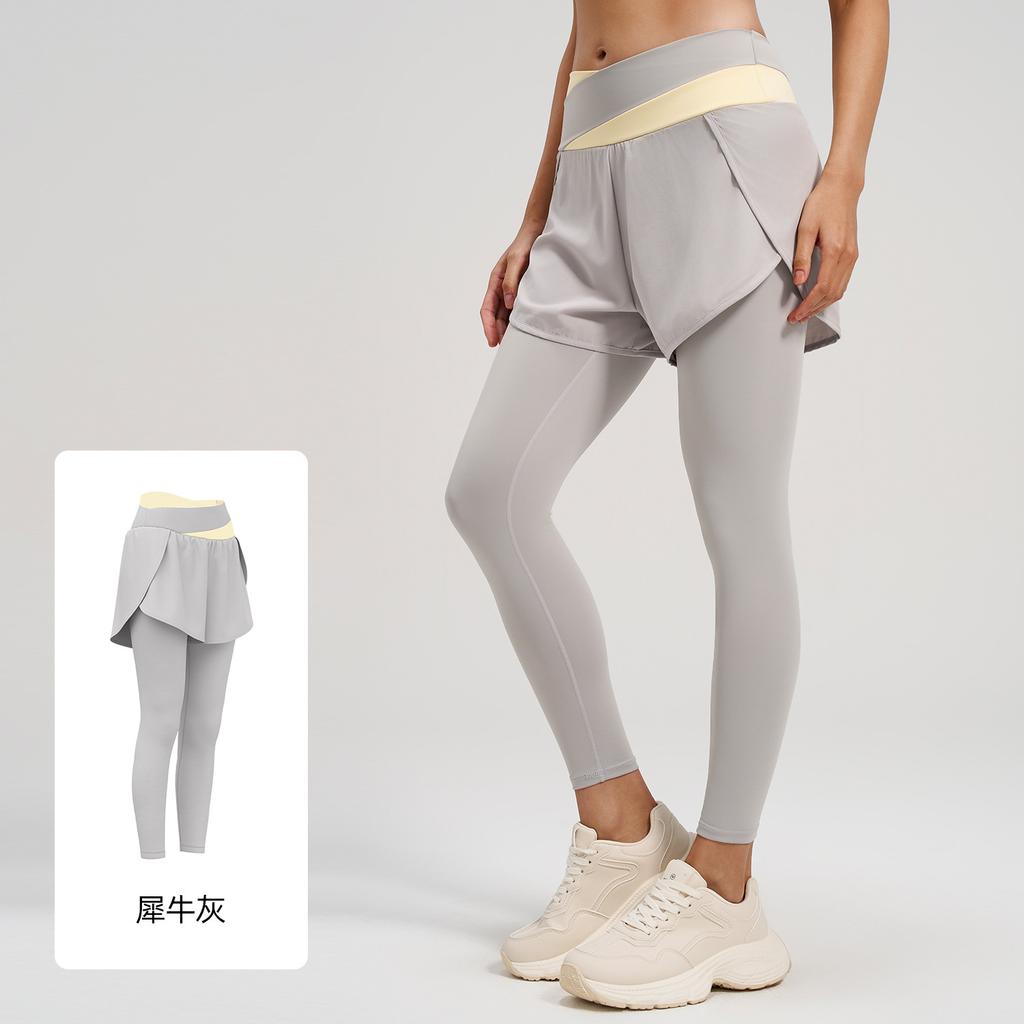Color matching anti-light fake two-piece yoga pants high waist belly pocket pants sports fitness pants
