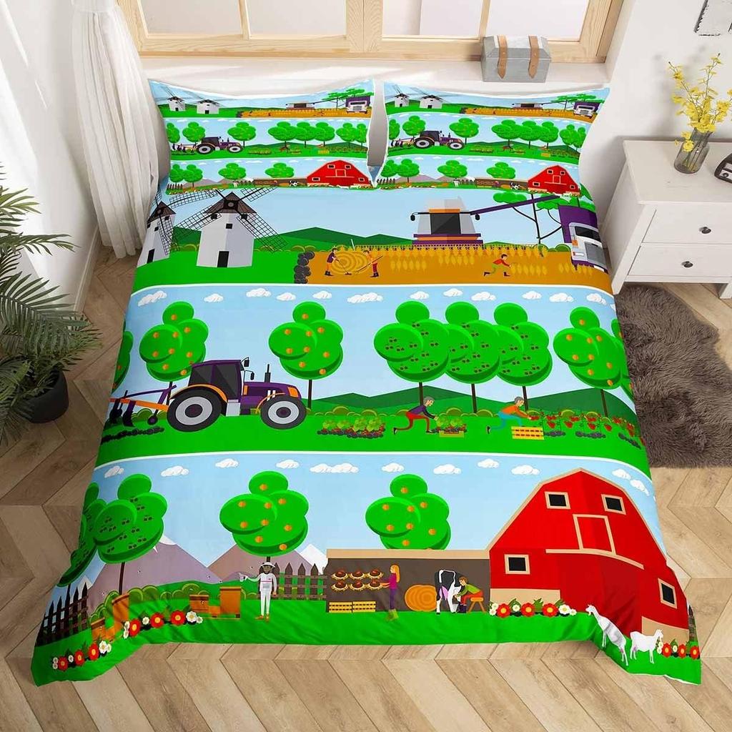 Comforter Cute Cartoon Farm Animal Truck Tractor Bedding Set Farmhouse Country Cozy Comforter For Boys Teen Room Decor