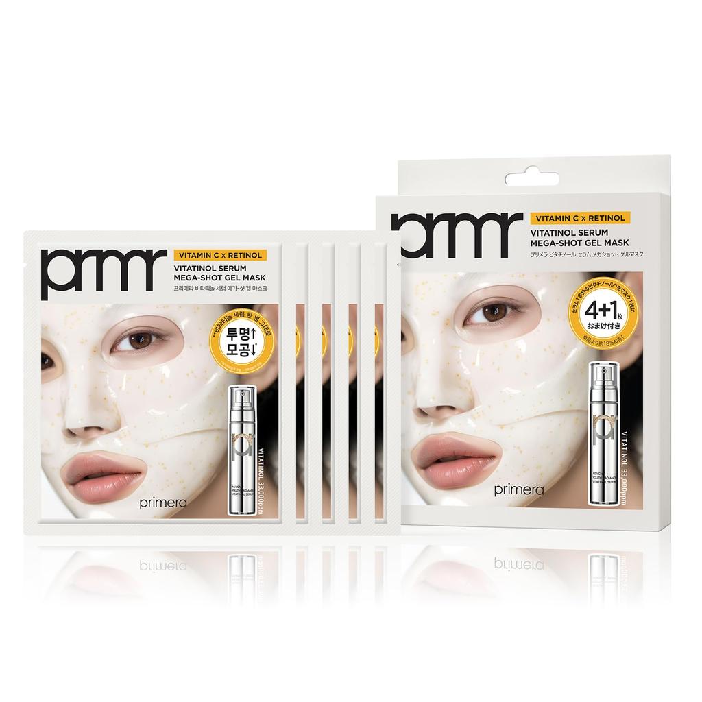Official PRIMERA Vitaminol Serum Mega Shot Gel Mask Set and Face Mask Packs 4+1 (Top Bottom) 34g5