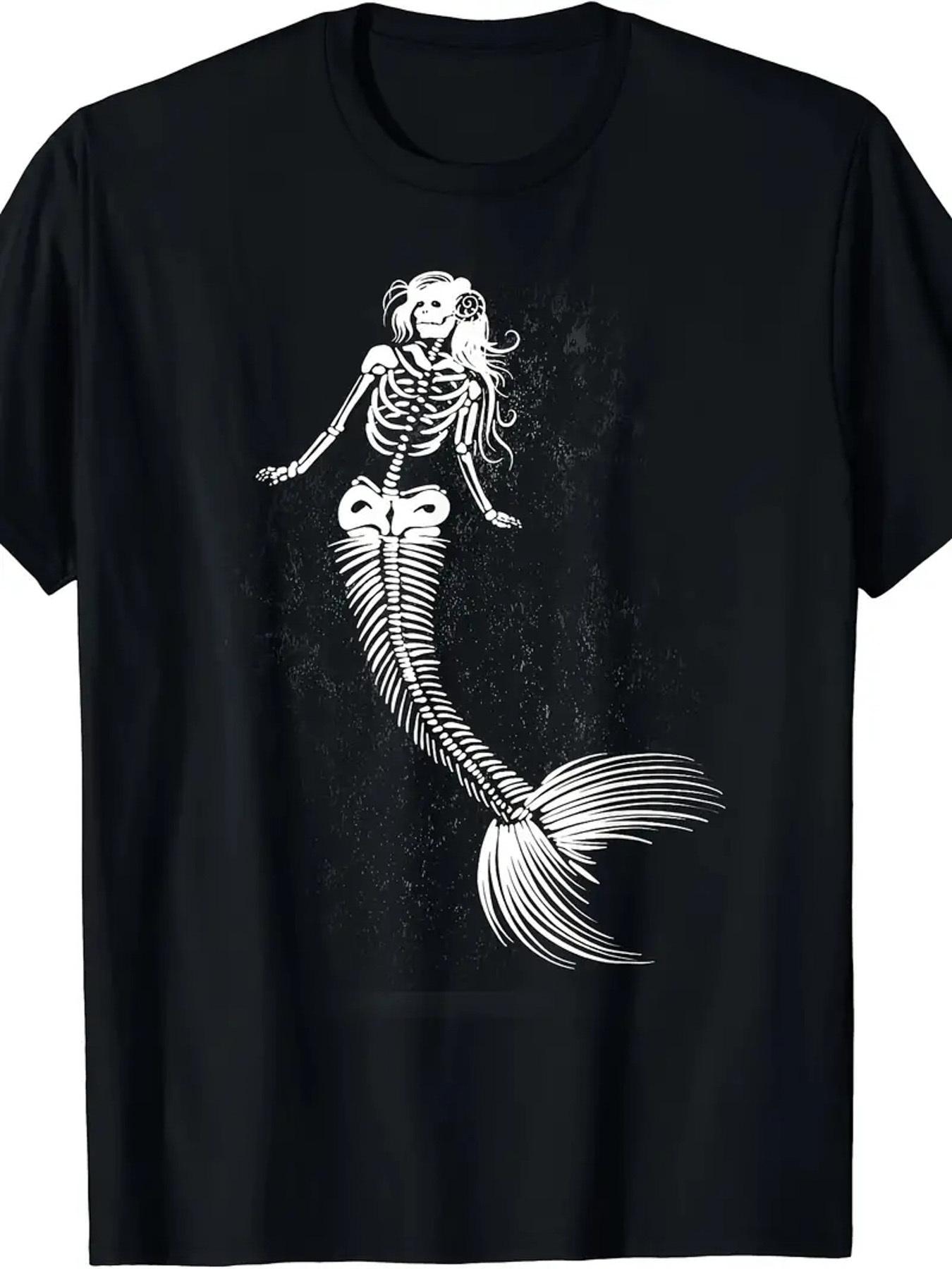 

Halloween Mermaid Skeleton Graphic Print Men s Luxury Cotton Short Sleeved T-shirt Summer Unisex Men s and Women s Street - M... S разноцветный