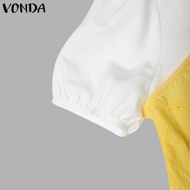 VONDA Women Short Sleeve Front Crochet Patchwork Fake Two Pieces Blouse