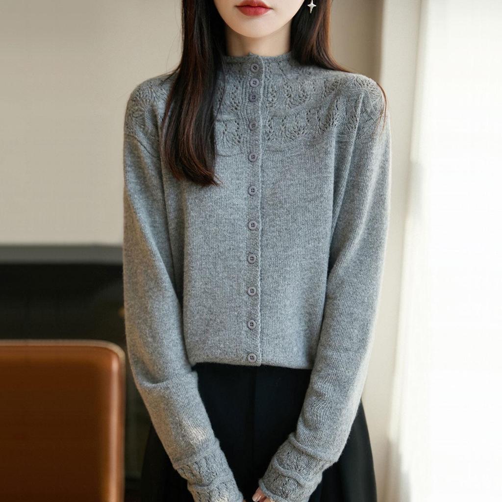 Pink Hollow Out Half-High Neck Cardigan Sweater - Women's Loose Fit Autumn/Winter Fashionable Outerwear