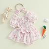Baby Mädchen Ostern Strampler Kleid Hase Gedruckt Kurze Puffärmel Gesmokter Jumpsuit mit Schleifen-Stirnband