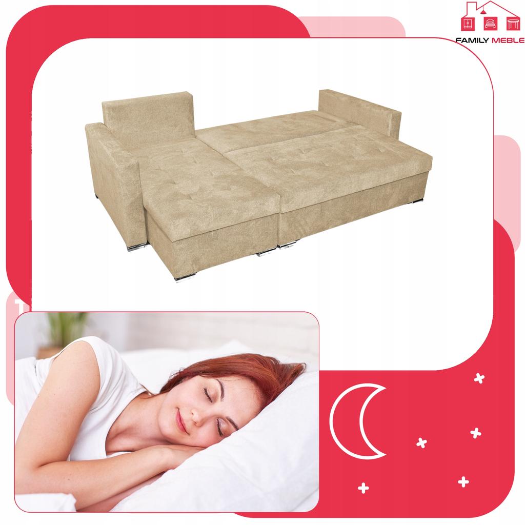 Bella Corner Sofa Bed with Sleeping Function, Corner Sofa, Family Furniture, Beige Velvet