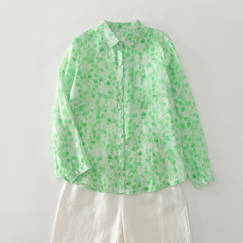 DIMANAF 2025 New Plus Size Women Tops Shirts Tees Green Casual Loose Blouse Autumn Print Cotton Long Sleeve