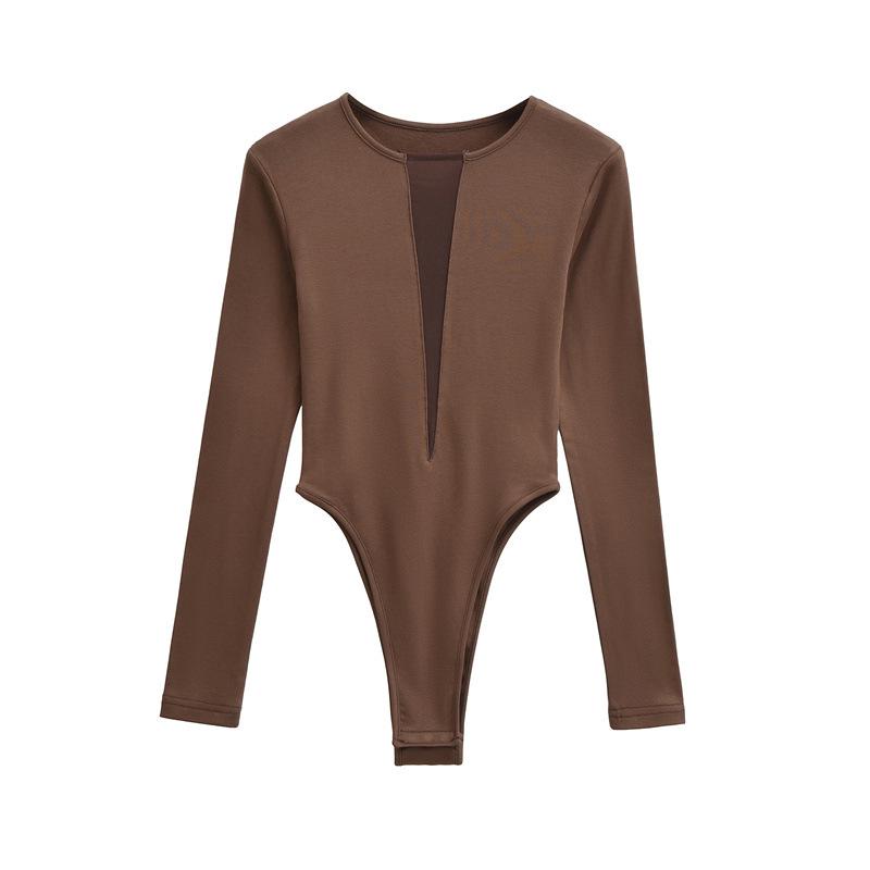 Velvet Mesh Patchwork Deep V Sexy Bodysuit for Women Small