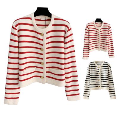 Women Cardigan Sweater Striped Print Contrast Color Single-breasted Long Sleeve Knitted Loose Warm Thick Round Neck Fall Spring Coat