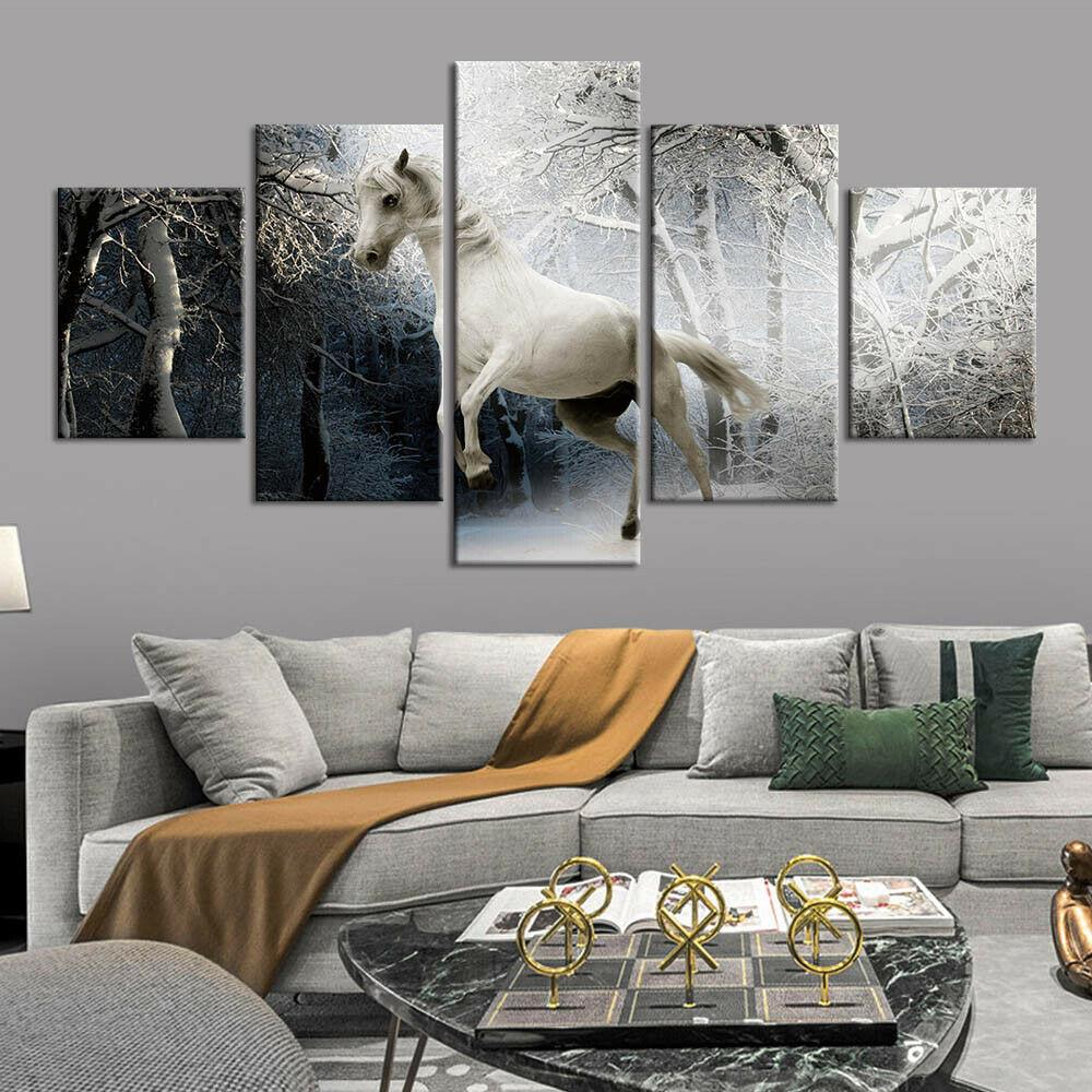5Pcs White Horse Snow Trees Decor Pictures Poster Home Decor No Framed Room Decor Abstract 5 Pieces Canvas Paintings Modern