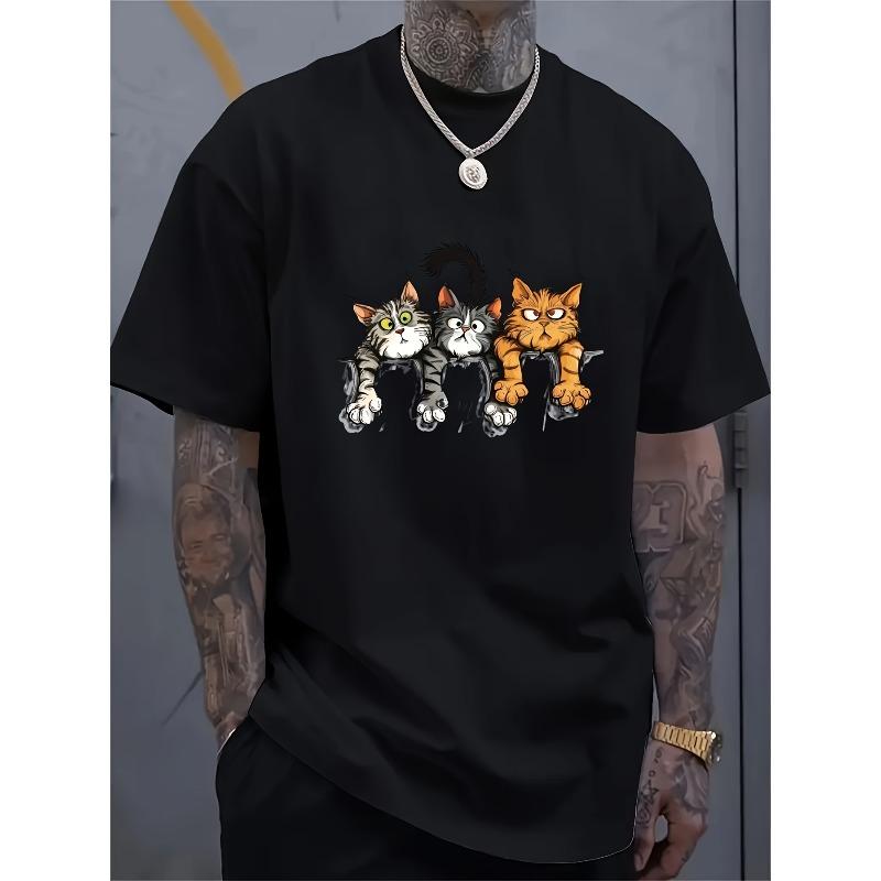 

Men S Abstract Cute Three Cat Pattern Print T-Shirt - Round Neck, Regular Fit, Slightly Stretchy, Print Design, Short Sleeves, Machine Washable 4XL