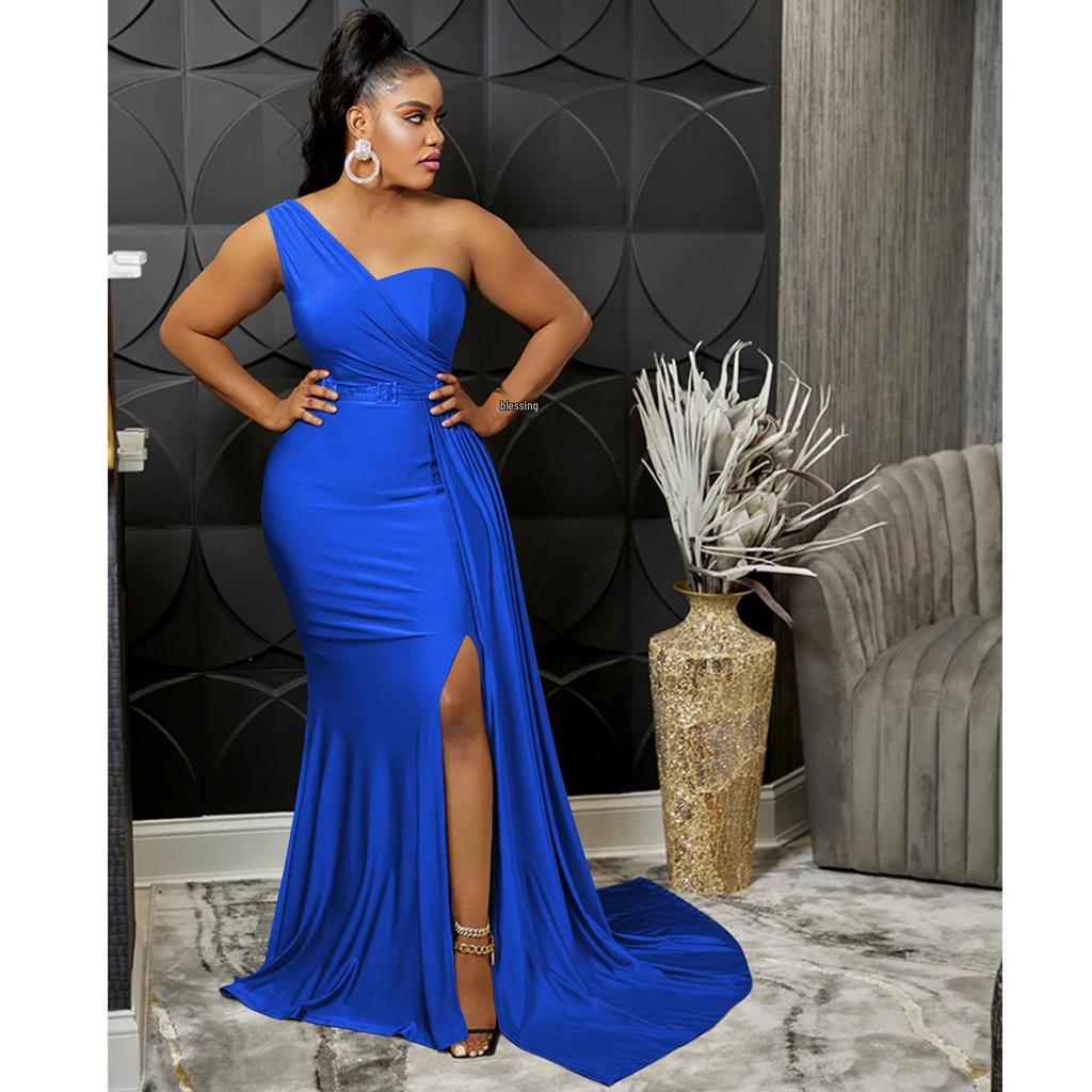 One-Shoulder Solid Color Fashion Bodycon Long Party Dress for Women