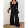 YYFS Women's Fashion Casual Spring Autumn Solid Color Print Long Sleeve Square Collar High Waist Trousers Jumpsuits & Rompers
