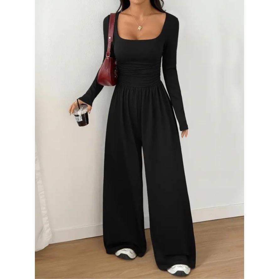 YYFS Women's Fashion Casual Spring Autumn Solid Color Print Long Sleeve Square Collar High Waist Trousers Jumpsuits & Rompers