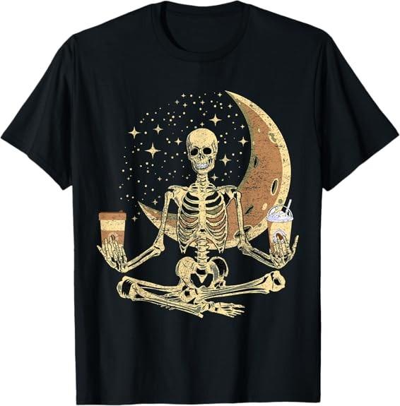 Funny Skeleton Doing Yoga And Drinking Coffee For Halloween Tee T-Shirt S-3XL S разноцветный