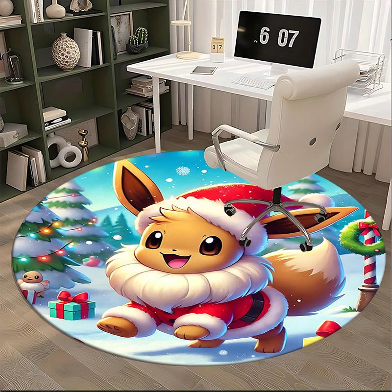 1pc Christmas Eevee Santa Claus Round Carpet - Anime Design, Holiday Gift, Office Chair Mat, Non-Slip Rug for Home Decor, Living Room
