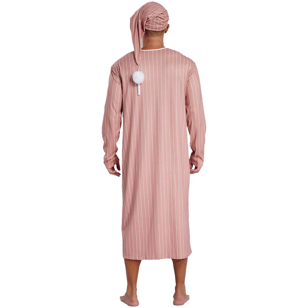 Mens Striped Nightgown Robe with Hat Long Sleeve Full Length Pompom Trim Adjustable Sleep Cap Arabian Pajamas