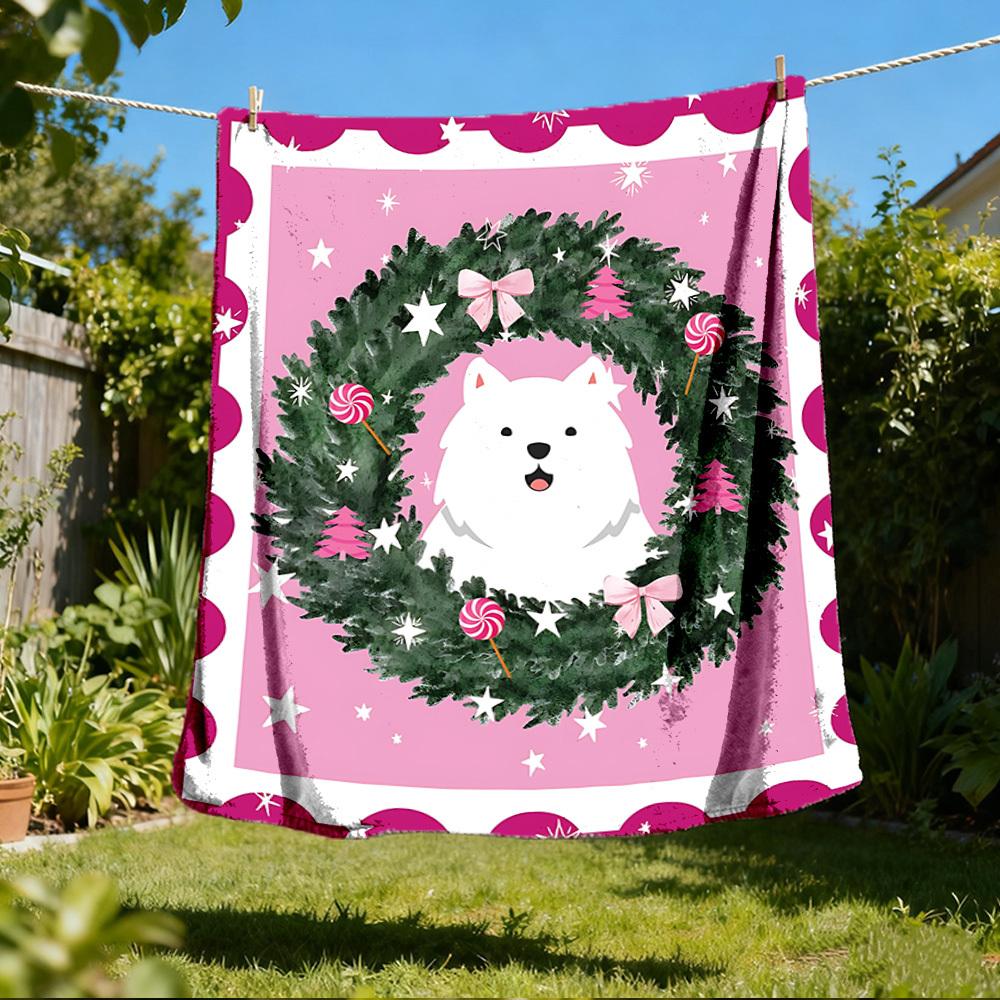 

1pc Christmas wreath Dog Outdoor Soft Polyester Flannel Throw Blanket Versatile for All Seasons , Soft , Cozy , Warm All Season Quilted Throw , 80x120cm