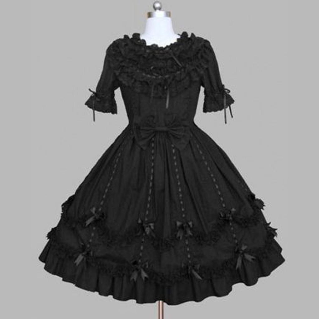 Fashion Women Vintage Gothic Bow Lace Flounce Long Sleeve Patchwork Dress