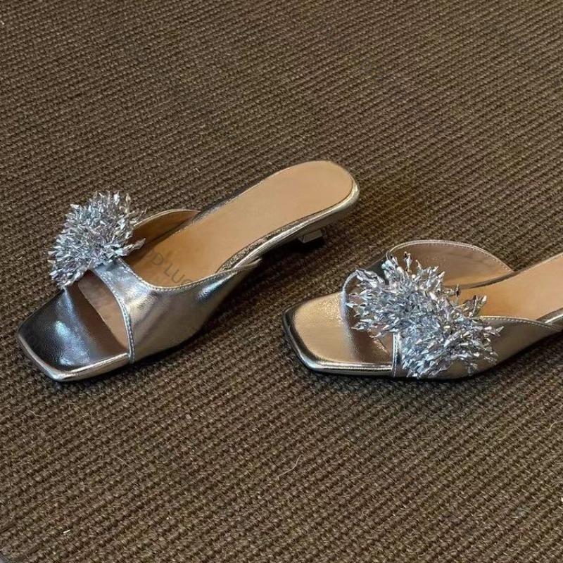 Fashion 2025 Gold Rhinestone Flower Sandals and Slippers Women's Summer New Fashion Temperament Square Toe Open Toe Stiletto Slippers