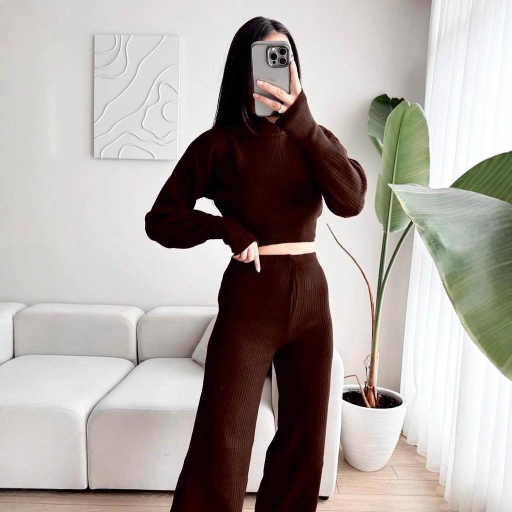 2025 Autumn Half-high Collar Long Sleeve Slim Fit Knit Sweater Set
