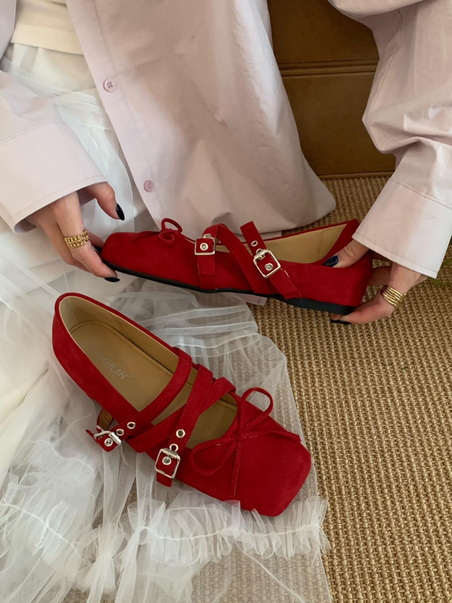 

Ballet Cross Belt Buckle Square Head Mary Jane Small Leather Shoes Women S Shoes Black Flat Shoes 35 красный
