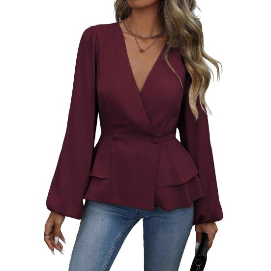 Women Tops V Neck Long Sleeve Slimming Blouse Waist Tight Ruffle Trim Hem Solid Color Shirt Tops Daily Wear