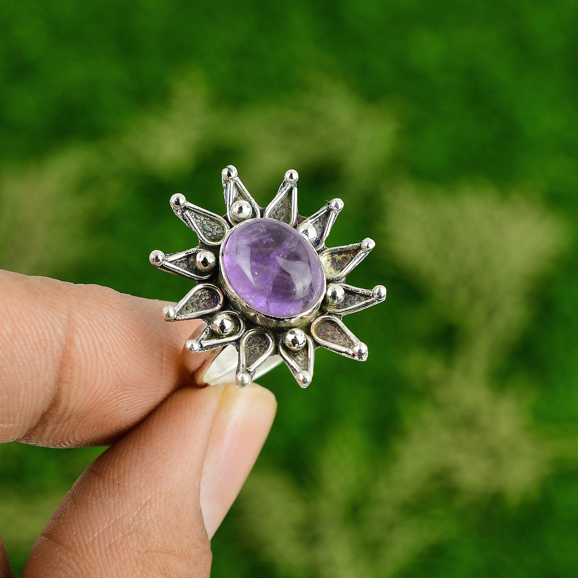 

Natural African Amethyst 925 Sterling Silver Mother Promise Flower Ring Jewelry Adjustable