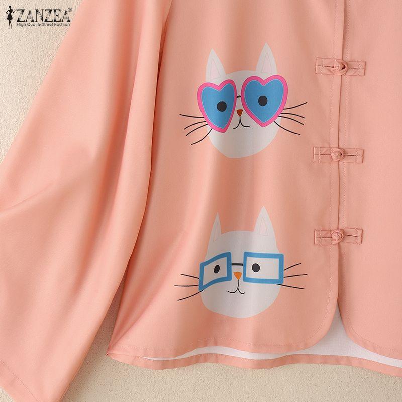 ZANZEA Women Stand Collar Loose Casual Long Sleeve Print Blouse