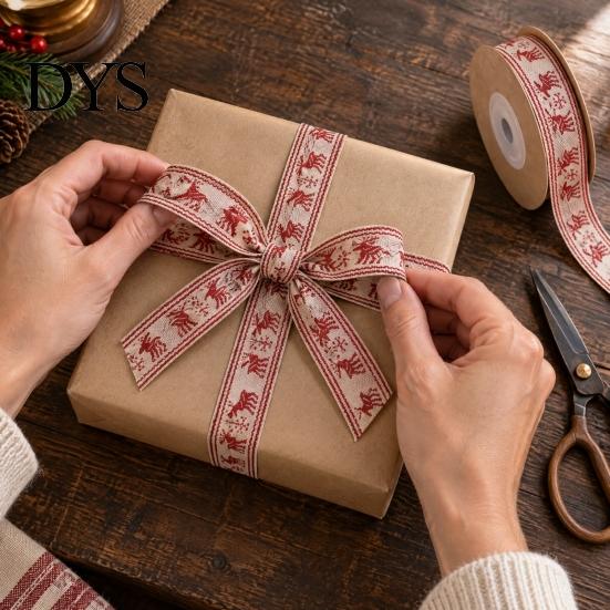 Christmas Gift Wrapping Ribbon Packaging Ribbon, Cotton And Faux Linen Decorative Fabric Roll for Holiday Red Beige Xmas Printed Wrapping, Floral