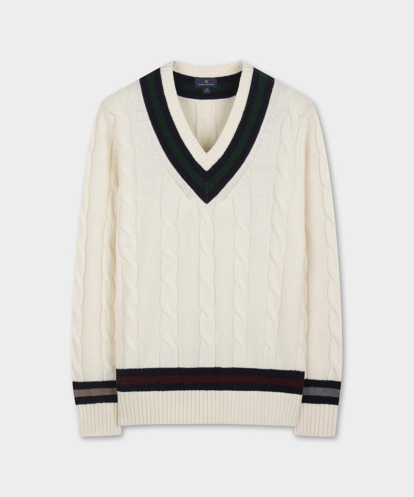 BROOKS BROTHERS Wool Tennis Cable V-Neck Sweater (Ivory) (Bbwnmff402)