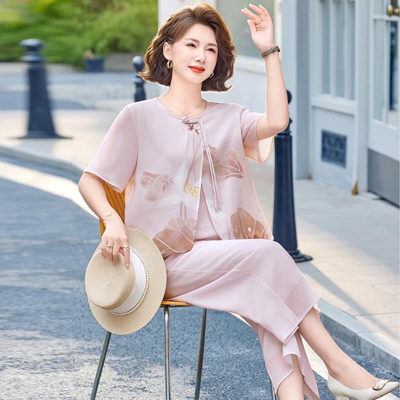 

Elegant Summer Chiffon Blouse Set for Mothers - Stylish Short-Sleeved T-shirt for Mid-Aged and Elderly Women 2XL (95-115 jin)