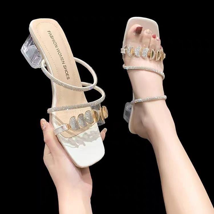 Thick Heel Cool Slippers Women's Summer Wear 2025 New French Rhinestone Middle Heel with Sandals Crystal High Heels
