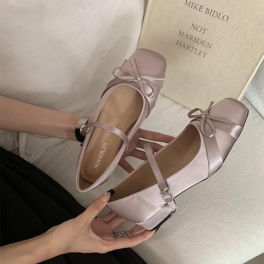 Bow light mouth Mary Jane shoes 2025 new French temperament gentle fairy style with skirt thick heel evening shoes