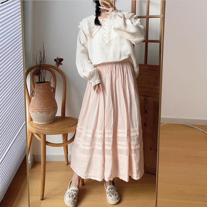 Johnature Vintage Ramie Patchwork Women Skirts Spring Mori Elastic Waist Solid Color Female Skirts