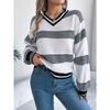 Damen V-Ausschnitt farblich abgesetzter gestreifter Pullover mit Glockenärmeln