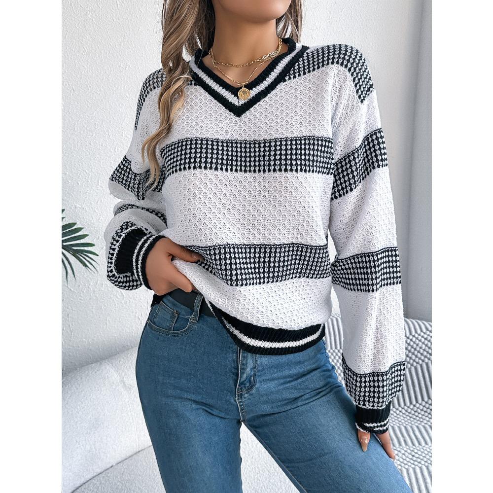 Damen V-Ausschnitt farblich abgesetzter gestreifter Pullover mit Glockenärmeln