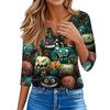 Women's T Shirt Tee Halloween Printed Button 3/4 Sleeve Tunic Daily Weekend Fashion Basic V- Neck Regular Top
