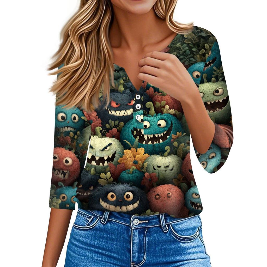 Women's T Shirt Tee Halloween Printed Button 3/4 Sleeve Tunic Daily Weekend Fashion Basic V- Neck Regular Top