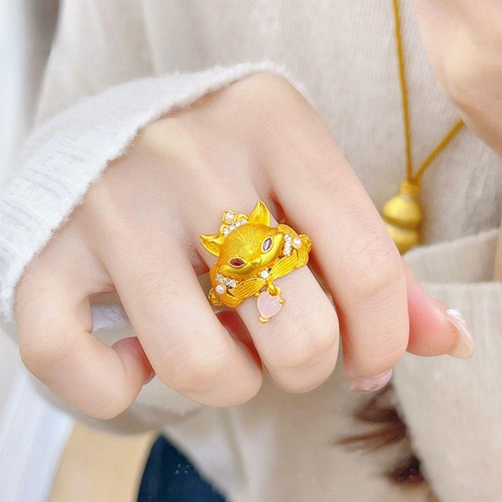 Chinese Style Rhinestone Opening Ring Textured Animal Ring Fashion Vintage Metal Ring  Women